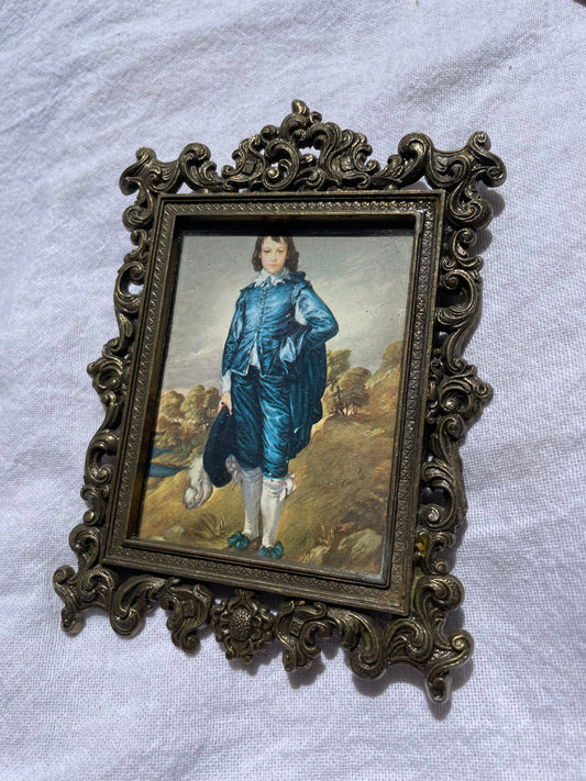 Small Antique Brass Framed Art of a Young Boy in Blue - Made in Italy