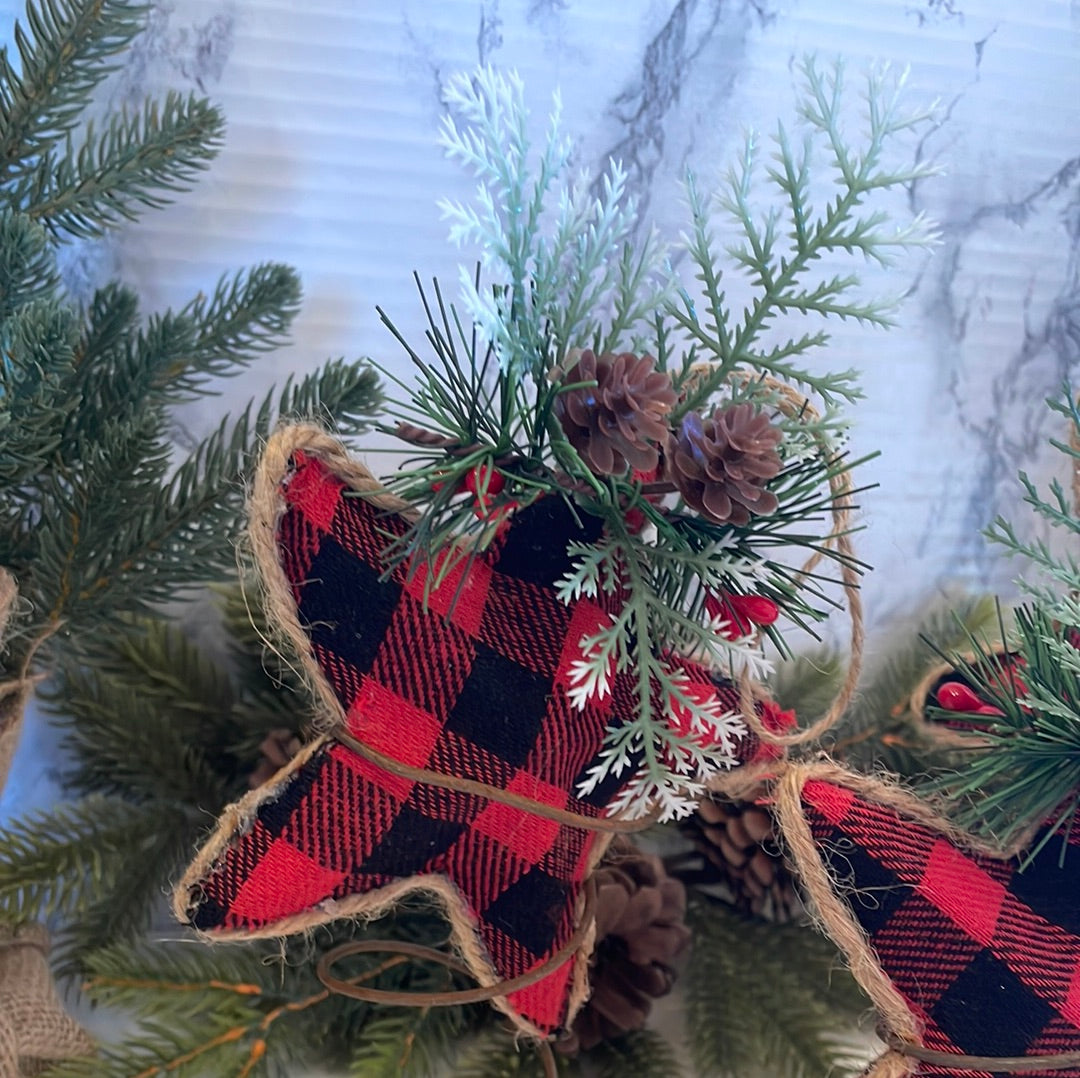 Red & Black Gingham Stars with Twine Ribbon & Pine Sprig (Handmade by my mom❤️)