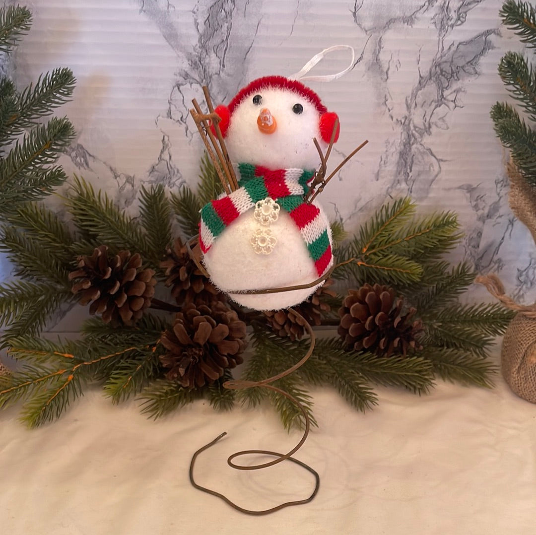 Handmade Christmas Ornament (by mom and me) Snowman in Winter Clothes on a Vintage Bed Spring with White Ribbon for Hanging