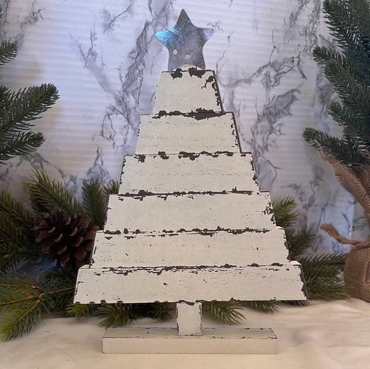 Distressed Wooden White Christmas Tree with Metal Star