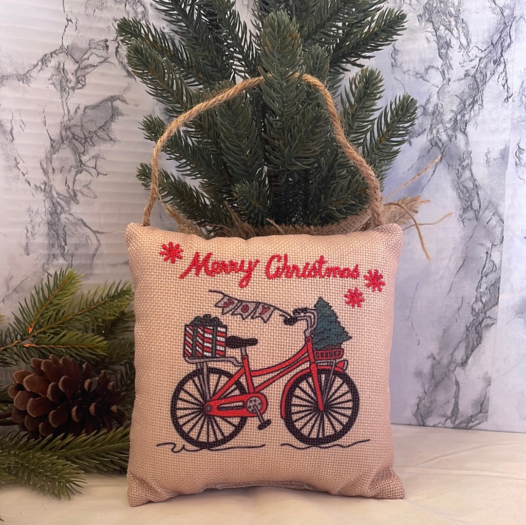 Mini Christmas Pillow with Red Bike, Presents, and Pine Tree