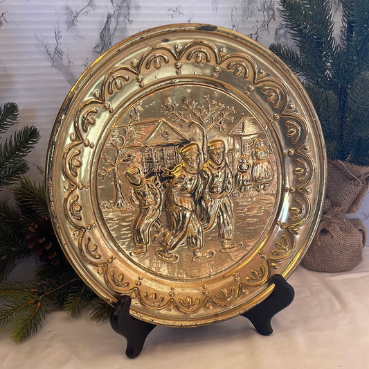 Brass Christmas Decorative Plate with Ice Skaters - Made in England