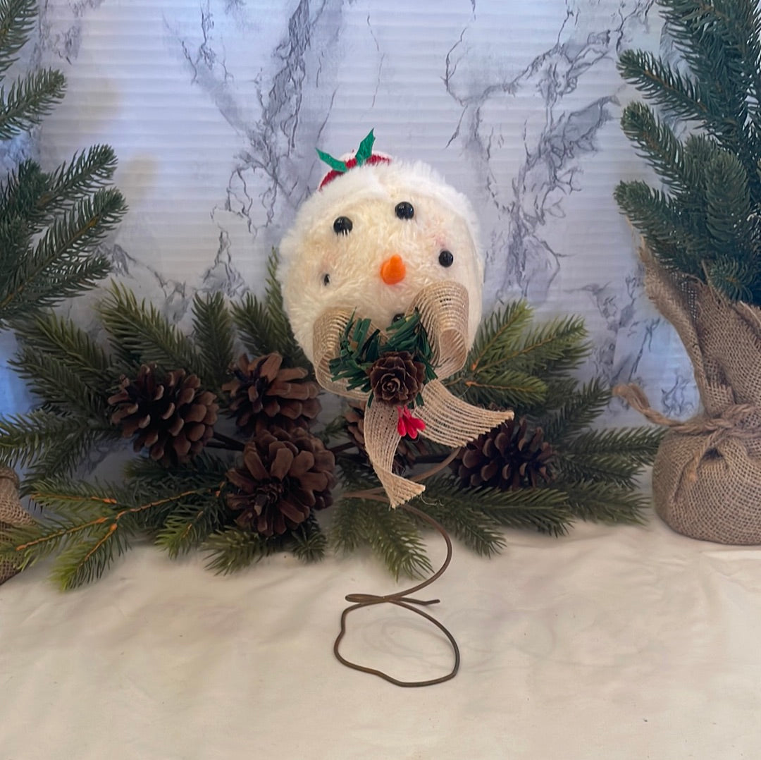 Handmade Christmas Ornament (by mom and me) Snowman on a bed Spring with Pine Sprig and Twine Bow
