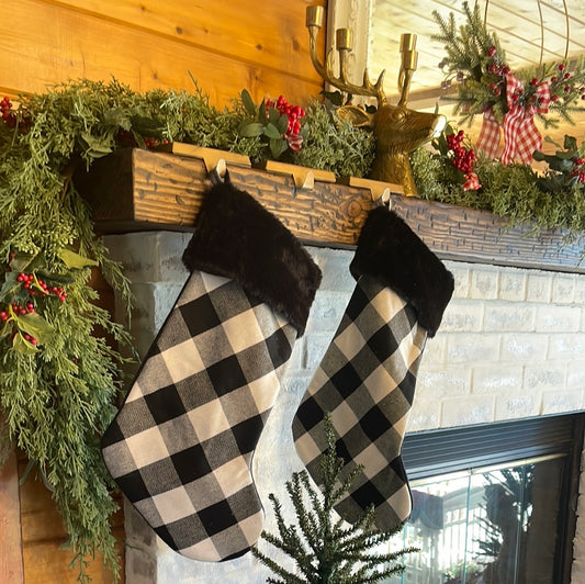 Gingham Print Christmas Stockings with Black Faux Fur (2-Piece Set)