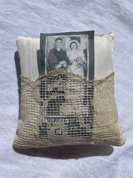 Mini Pillow with Lace Picture Holder on front (Vintage Wedding Photo Included)