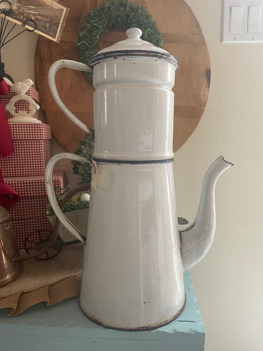Antique White Enamel Coffee Maker/Pot with Cobalt Blue Accents
