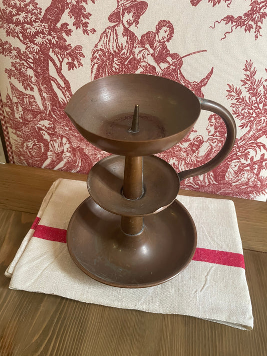French Antique Copper Candlestick Holder with Wax Catcher and Handle