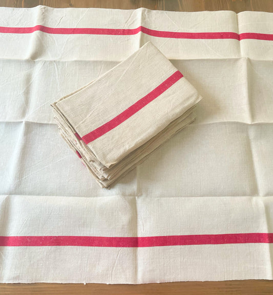 French Antique Grain Sack Tea Towel with Red Stripes from Loire Valley
